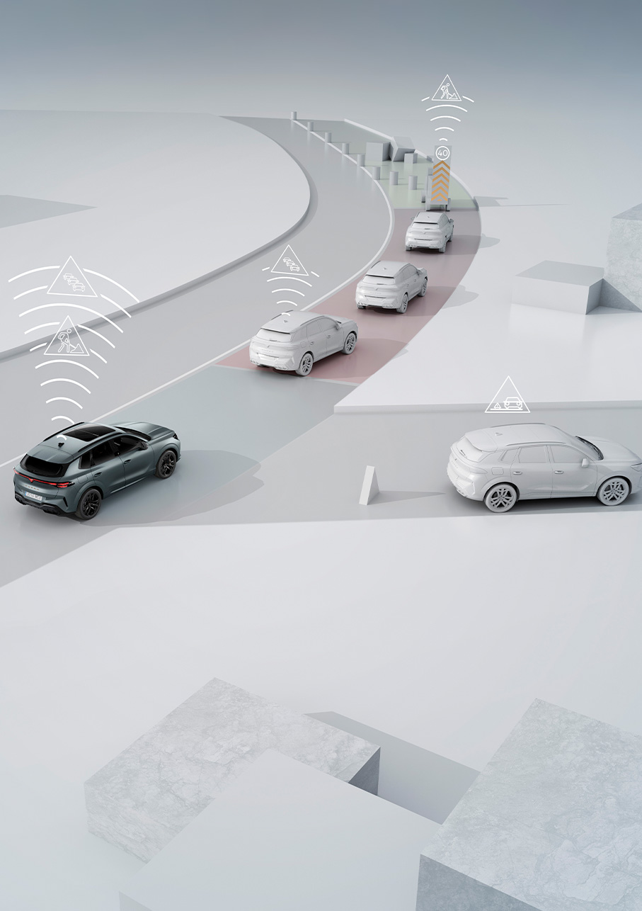 dimostrazione della tecnologia di comunicazione CAR2X su cupra terramar, che mostra la vettura mentre comunica con altre vetture e con l’infrastruttura, per migliorare la sicurezza stradale e l'efficienza del traffico.